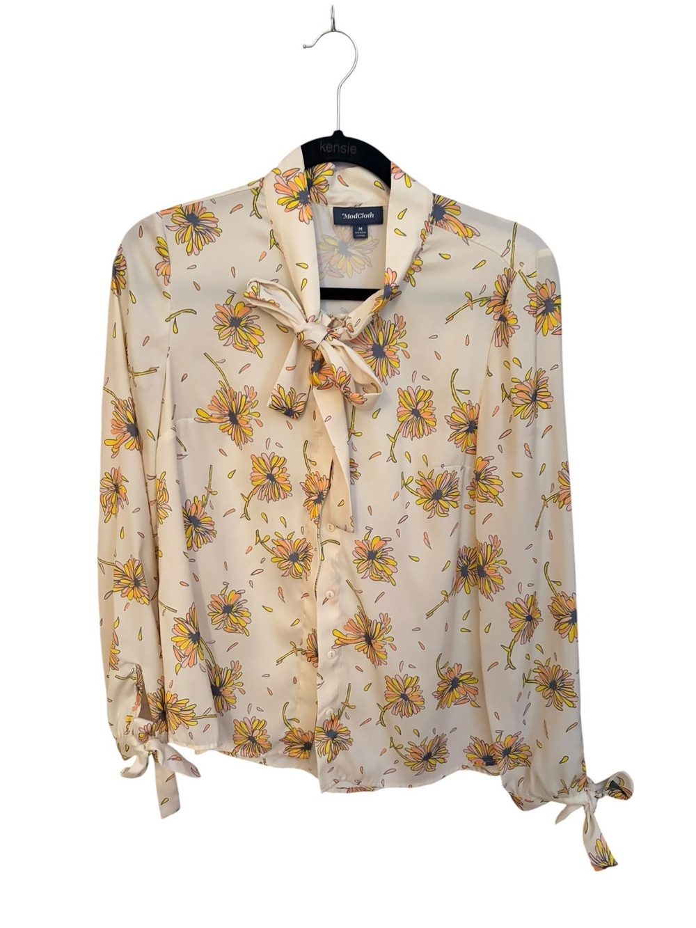 Modcloth Cream Floral Tie-Neck Blouse with Yellow Accents